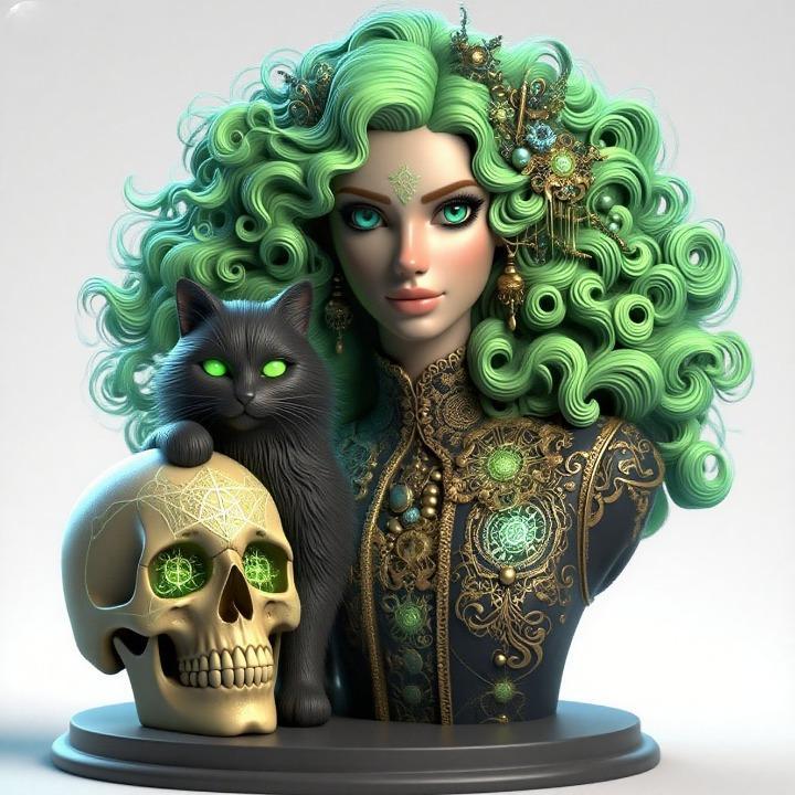 1848 Green-Haired Witch Bust with Cat and Skull, magic, dragon, serpent, mask, gnome, gorgon, venetian carnival, wild, fox, monster, cat, fair, witch, werewolf, horror, beast, snake, troll, skeleton dance