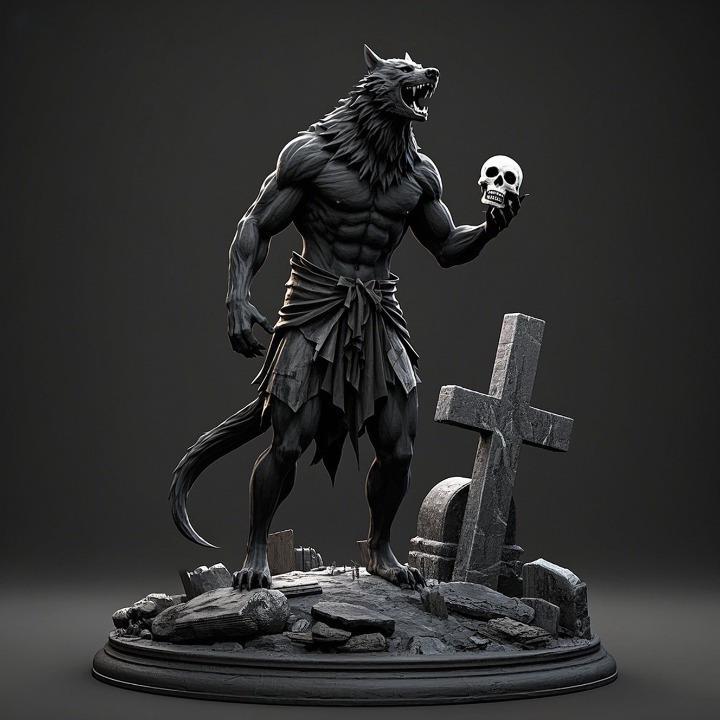 1704 COLORFUL Werewolf Howling with Skull - 3D Model, beast, magic, creature, fantasy, wood, base, sword, warrior, wild, cat, monster, dog, godzilla, fair, witch, werewolf, horror, beast, gothic, troll