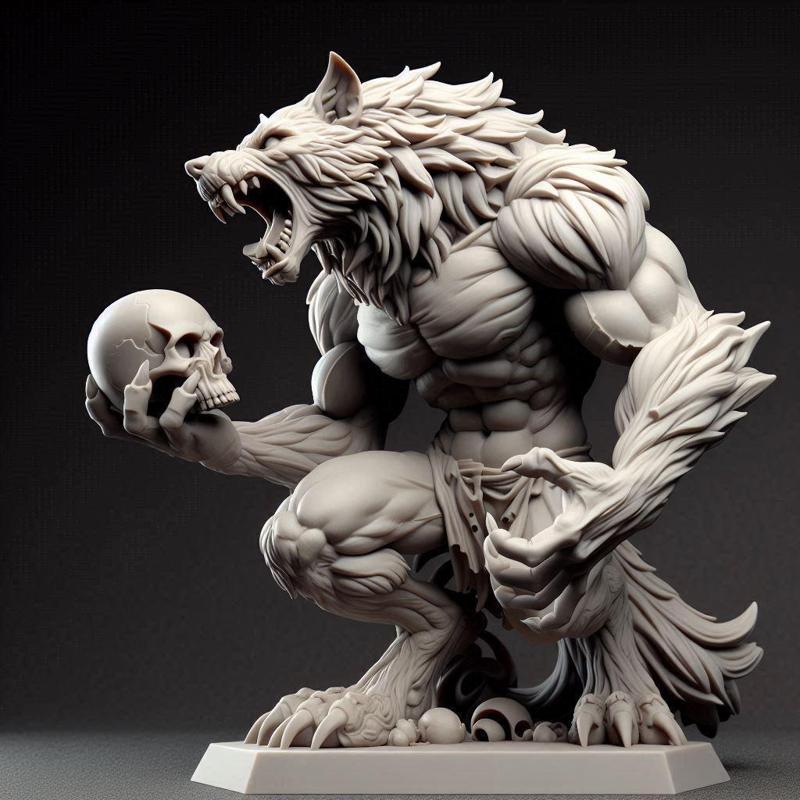 1908 Howling Werewolf with Skull - 3D Printed Statue, magic, dragon, serpent, mask, gnome, gorgon, venetian carnival, wild, fox, monster, cat, fair, witch, werewolf, horror, beast, snake, troll, skeleton dance