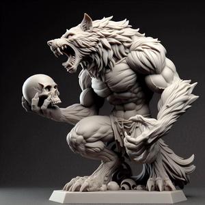 1908 Howling Werewolf with Skull - 3D Printed Statue, magic, dragon, serpent, mask, gnome, gorgon, venetian carnival, wild, fox, monster, cat, fair, witch, werewolf, horror, beast, snake, troll, skeleton dance