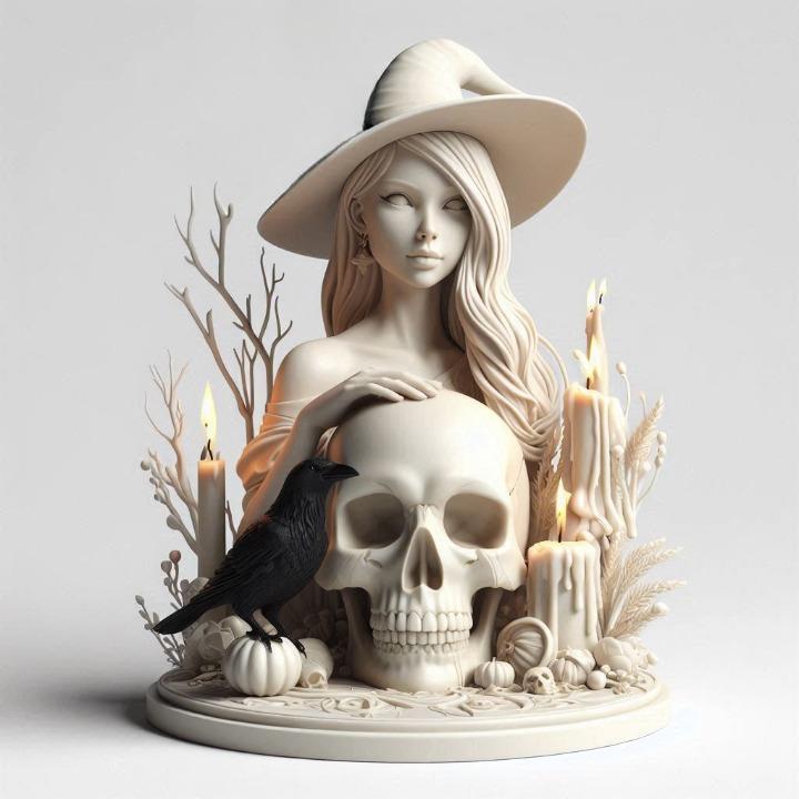 1902 Elegant Witch with Candles, Black Raven - Full-Body Figurine, magic, dragon, serpent, mask, gnome, gorgon, venetian carnival, wild, fox, monster, cat, fair, witch, werewolf, horror, beast, snake, troll, skeleton dance