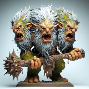 676 Three-Headed Troll - 3D-Printed Fantasy Statue with Club, character, sculpture, statue, creature, low poly, collectible, wood, sword, base, warrior, wild, dog, dragon, dnd, cat, monster hunter, monster, totem, totemic
