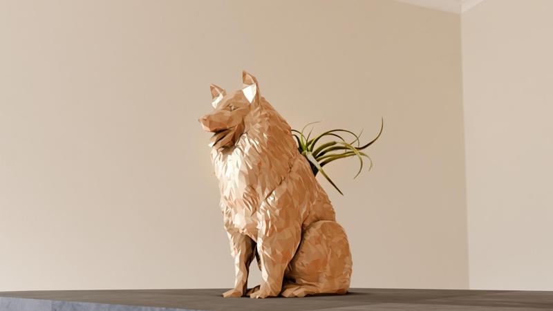 shetland sheepdog sitting in two legs low poly planter pot flower vase stl