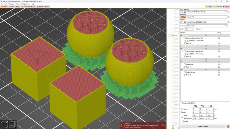 Workaround to make multimaterial text lie on a continuous surface