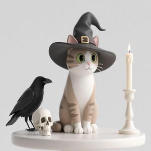 384 Witch Cat Composition - Skull, Raven & Candleholder on Shared Ivory Base, animal, 3d model, statue, creature, magic, 3d print, collectible, cat, bear, witch, dinosaur, wooden, dragon, knight, viking