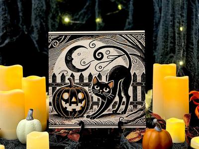 "Moonlit Mischief" – Black Cat 1 - Vintage Halloween Hueforge Art Print   