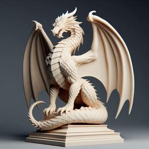 224 Menacing Fairytale Dragon in Ivory, character, monster, fantasy, art, sculpture, model, animal, 3d model, statue, creature, low poly, 3d print, collectible, cat, wood, dragon, sword, base, warrior, wild, dog