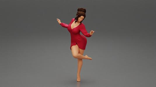 Happy Young Woman in Summer Dress standing in one leg