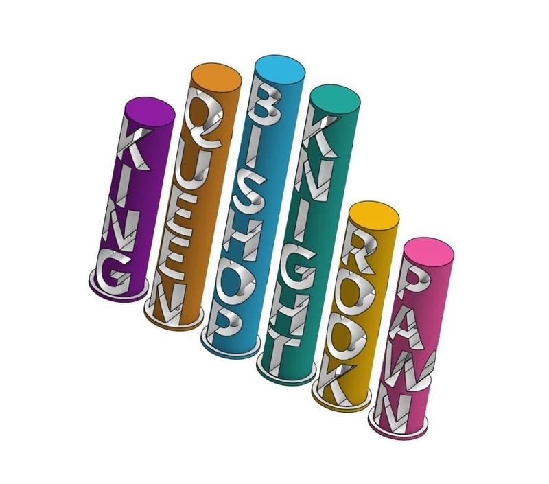 CHESS PIECES VERTICAL WORDS EXTRUDED ON FANCY TOWERS