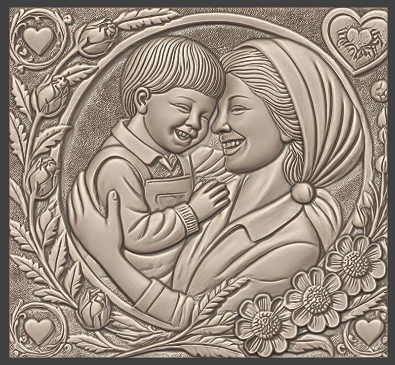 Harmonious Hearts: Mother and Child Art, Bas-Relief, 3d Print, CNC Stl Model