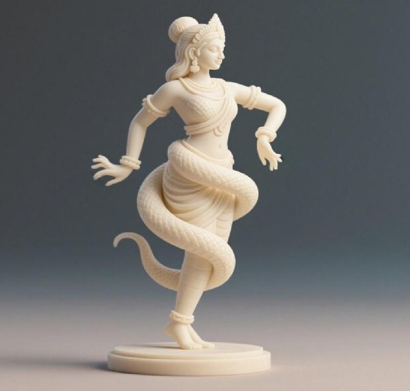 96 Ivory Serpent Dancer with Female Head - Indian Minimalist Statue