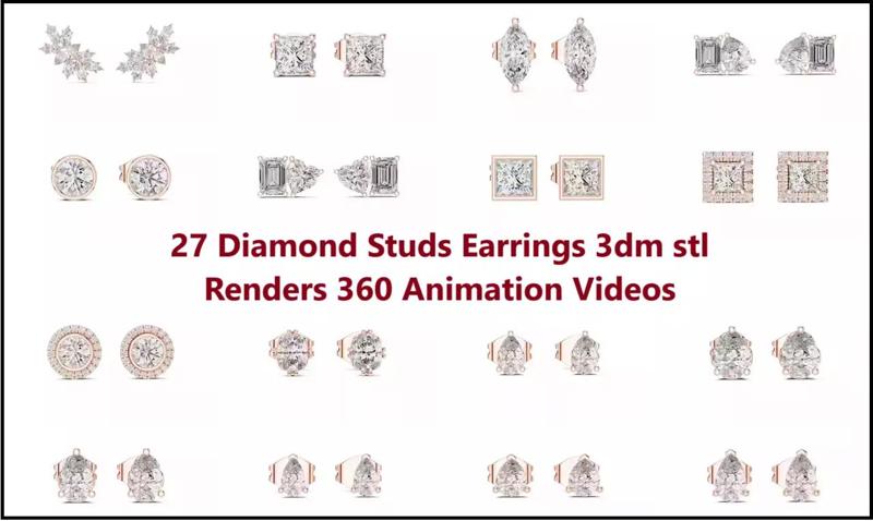 27 Diamond Studs Earrings 3dm stl renders 360 Animation Videos 3D Model Collection