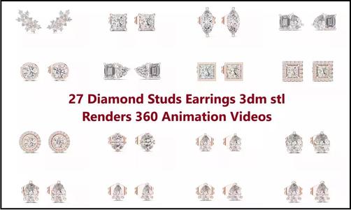 27 Diamond Studs Earrings 3dm stl renders 360 Animation Videos 3D Model Collection