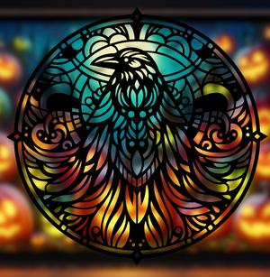 Spooky Halloween Crow Mandala Art – 2D geometric wall art (Stained Glass Style)