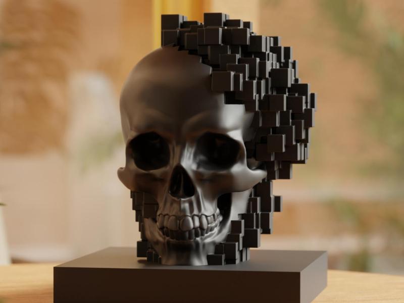 Pixelated Black Skull Sculpture – Modern Art