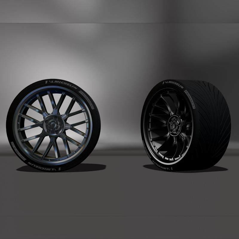 Realistic Michelin sports tire and alloy wheel, STL - OBJ file, four versions