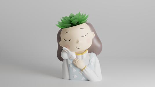 Adorable Girl Planter with Succulent and Bunny - 3D Printable Home Decor Planter for Plants, Cute Display Piece