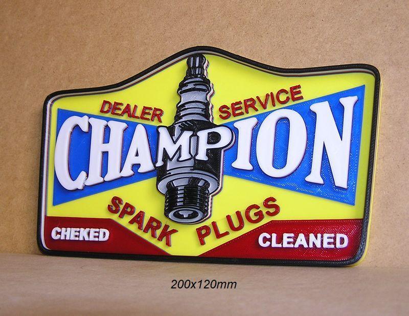 Champion spark plug, sign, signboard, sign, vehicle, car, car, automotive, workshop, mechanic, engine, battery