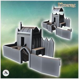 Medieval building with low wall with door and wooden palisade (8) - Medieval Gothic Feudal Old Archaic Saga 28mm 15mm RPG