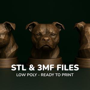 Staffordshire Bull Terrier Dog Bust - Low Poly Dog Statue - STL 3MF - Pet Memorial