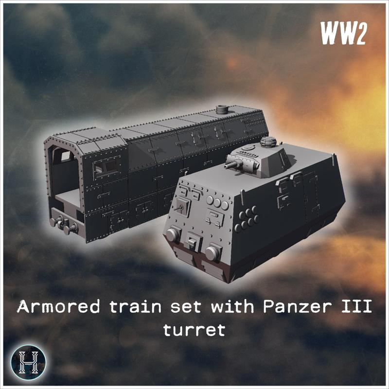 German armored train set with Panzer III turret - World War Two Second WWII Western campaign USA UK Germany