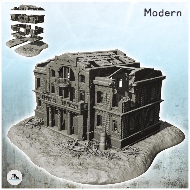 Destroyed public building with tin roof and double balconies (5) - Cold Era Modern Warfare Conflict World War 3 WW2 WW3