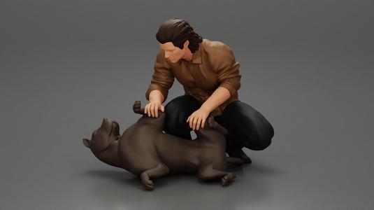 man sitting on the sidewalk and petting his dog