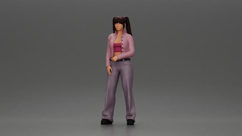 Chola girl with pigtails standing in jacket and flared pants