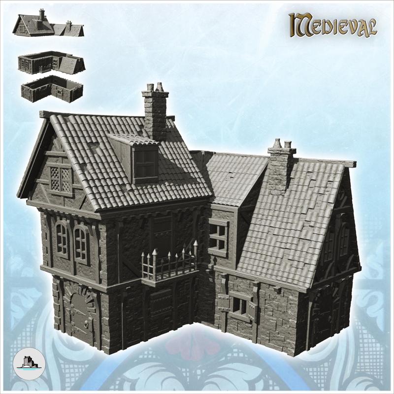 Large medieval house with spiked balcony and multiple floors (2) - Medieval Gothic Feudal Old Archaic Saga 28mm 15mm