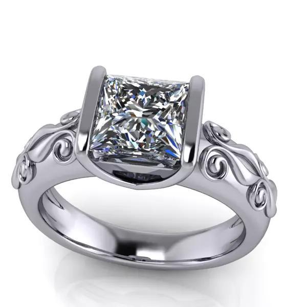 Vintage Princess Cut Solitaire  Hand Engrave Style Scroll  Ring