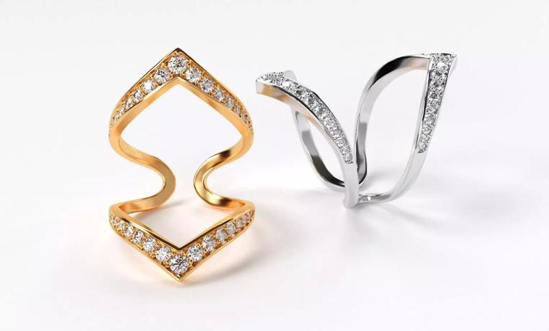 fashionable double gold ring with diamonds