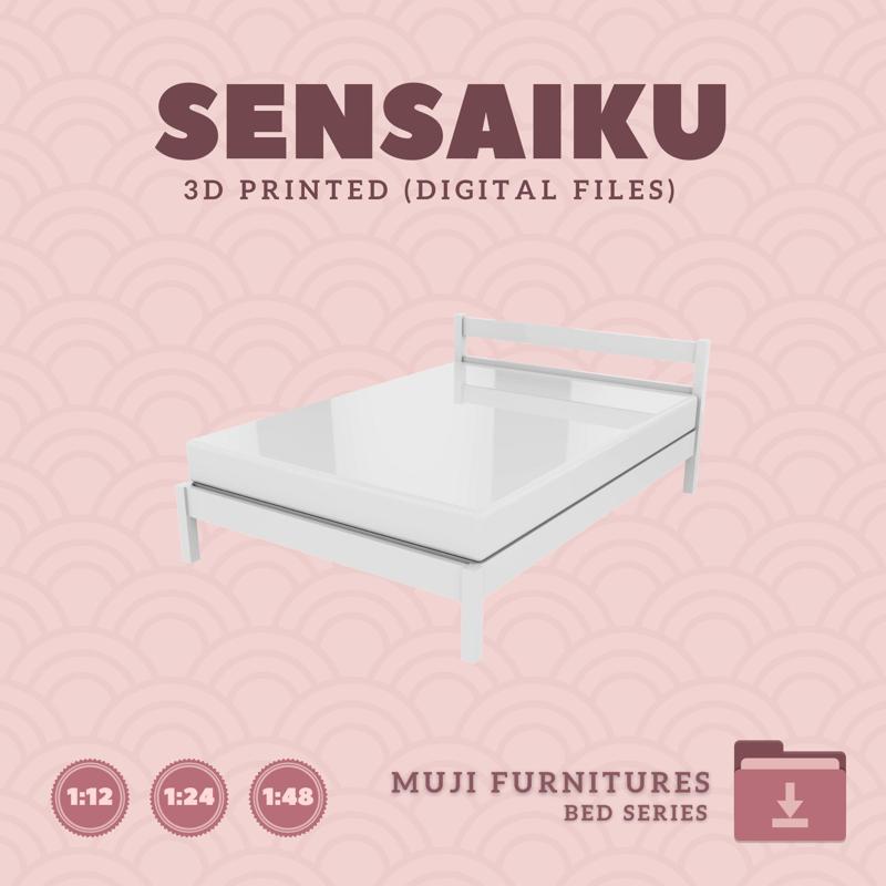 Miniature Replica 01. Muji Rubberwood Wooden Bed - Double Bed for Miniature Dollhouse - Muji - 3D Print Instant Download