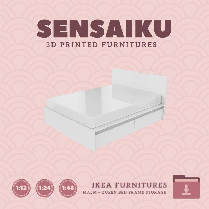 Miniature Replica Malm Bed Frame - Queen Bed - 2 Storages - IKEA (1:12,24,48) - 3D Print Instant Download