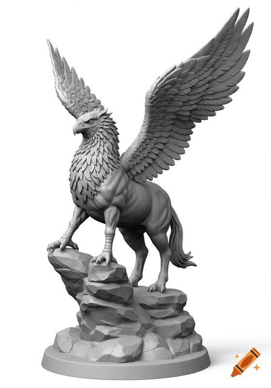 Statue of a majestic hippogriff standing on a rocky cliff base with its wings spread.