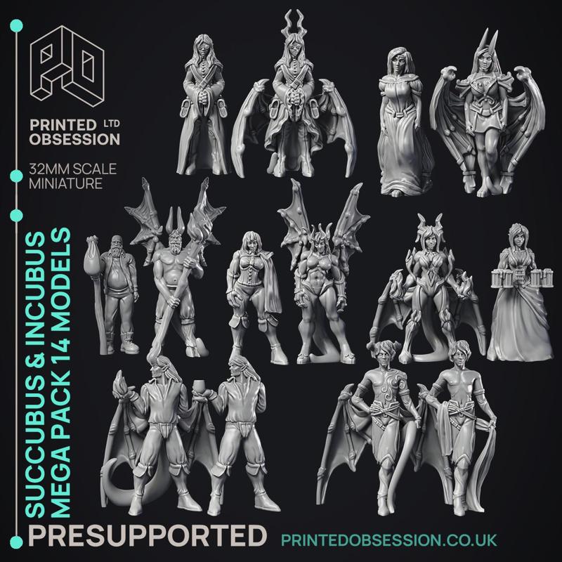 Succubus & Incubus Collection - 14 models 7 demon 7 human disguise - PRESUPPORTED - 32 mm Scale