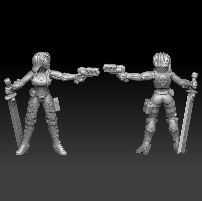 cyberpunk thug girl with sword and gun