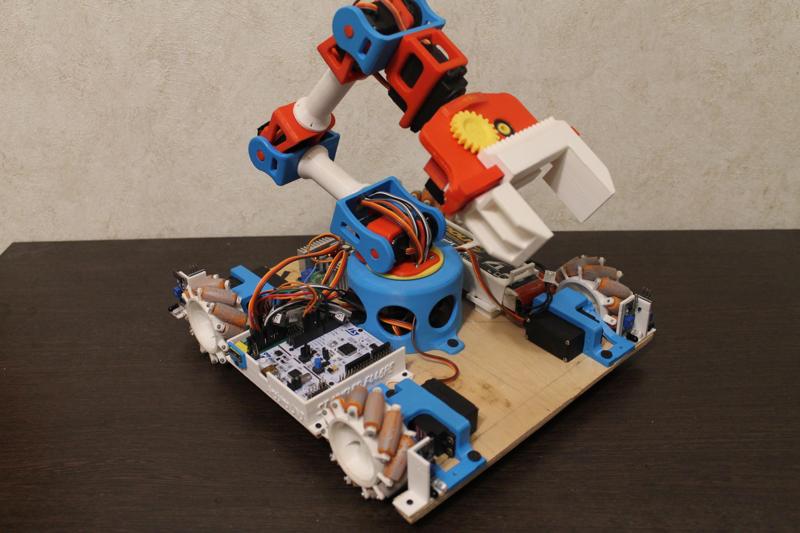 Manipulator on a mobile platform with omni wheels and plane-parallel grip