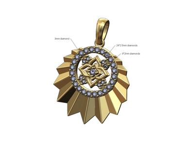 Diamond oriental flower and halo sunburst pendant with bail 3D print model