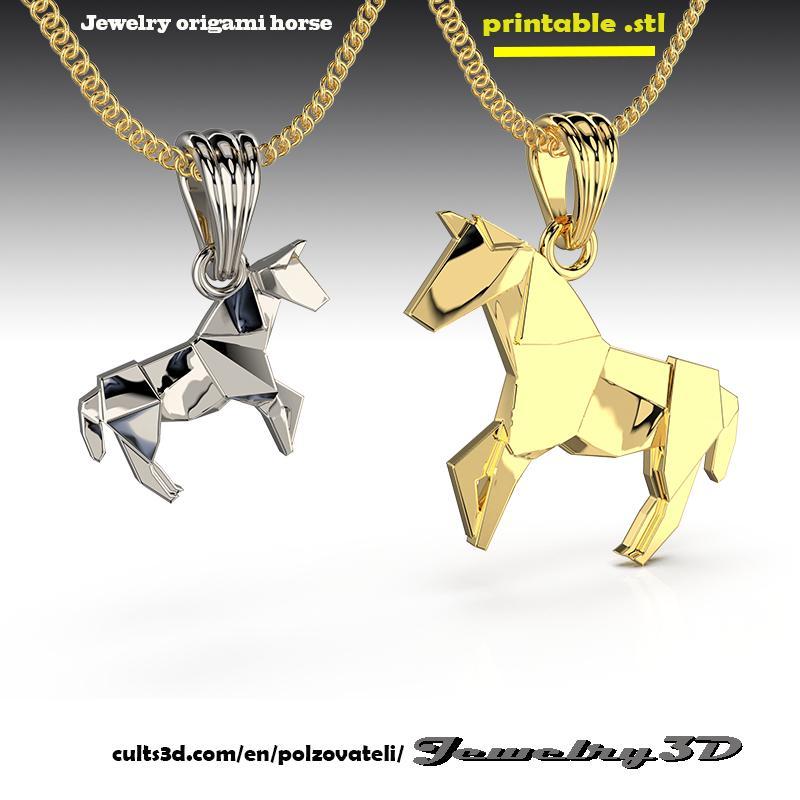 Printable STL jewelry pendant origami horse and foal