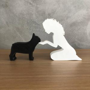 Girl and her french bulldog(wavy hair) for 3D printer or laser cut
