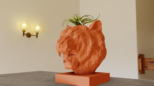 tiger bust planter pot flower vase low poly stl