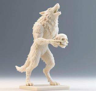 98 Ivory Werewolf Howling with Skull - Minimalist Statue, magic, collectible, dinosaur, sculpture, monkey, witch, fairy, knight, fantasy, art, viking, dragon, dnd, cat, monster hunter, dog, totem
