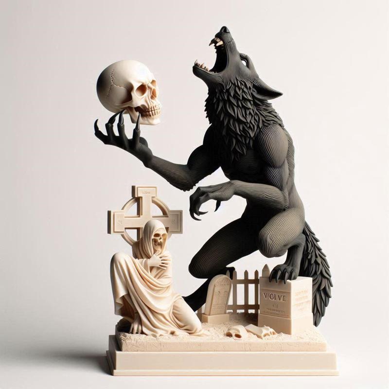 1075 COLORFUL Werewolf Howling with Skull - 3D Model, beast, magic, creature, fantasy, wood, base, sword, warrior, wild, cat, monster, dog, godzilla, fair, witch, werewolf, horror, beast, gothic, troll