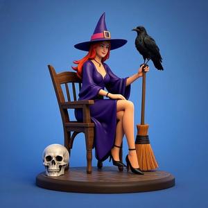 1302 Elegant Witch with Broom, Raven and Skull - Colorful Full-Body Figurine, magic, creature, fantasy, wood, gnome, gorgon, warrior, wild, fox, monster, cat, dog, fair, witch, werewolf, horror, beast, gothic, troll