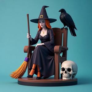 1336 Elegant Witch with Broom, Raven and Skull - Colorful Full-Body Figurine, magic, creature, fantasy, wood, gnome, gorgon, warrior, wild, fox, monster, cat, dog, fair, witch, werewolf, horror, beast, gothic, troll