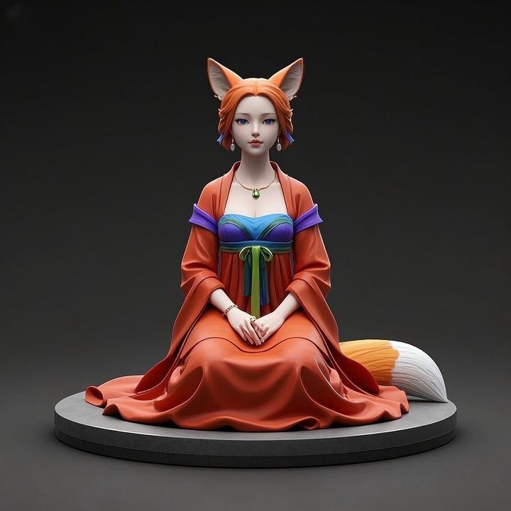 1287 COLORFUL Fox Spirit Woman in Pu Song Ling Style, beast, magic, creature, fantasy, wood, base, sword, warrior, wild, cat, monster, fox, godzilla, fair, witch, werewolf, horror, beast, gothic, troll