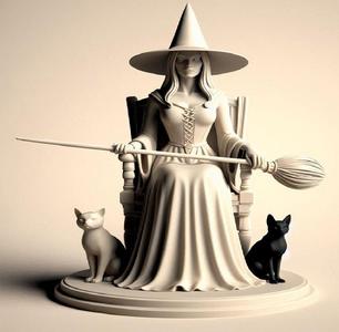 061 Ivory Witch on Chair with Cats and Broom in Hands - 3D Figurine, fantasy, art, sculpture, model, animal, 3d model, statue, creature, magic, 3d print, collectible, cat, bear, witch, dinosaur, wooden