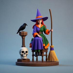 1683 Elegant Witch with Broom, Raven and Skull - Colorful Full-Body Figurine, magic, creature, fantasy, wood, gnome, gorgon, warrior, wild, fox, monster, cat, dog, fair, witch, werewolf, horror, beast, gothic, troll