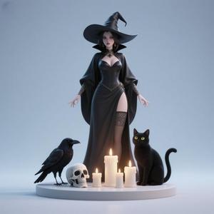 1151 Black Witch with Cat - Monster and Raven - COLORFUL 3D Figurine, magic, creature, fantasy, wood, gnome, gorgon, warrior, wild, fox, monster, cat, dog, fair, witch, werewolf, horror, beast, gothic, troll