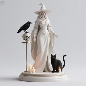 1154 White Witch with Cat - Monster and Raven - COLORFUL 3D Figurine, magic, creature, fantasy, wood, gnome, gorgon, warrior, wild, fox, monster, cat, dog, fair, witch, werewolf, horror, beast, gothic, troll